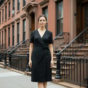 Vintage 80s Albert Nipon Black Wrap Dress, Size S